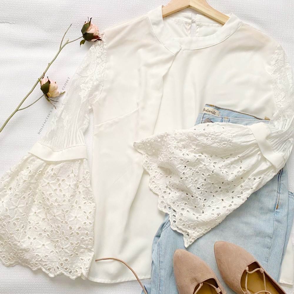White Pleated Front Flared Eyelet Lace Sleeve Blouse